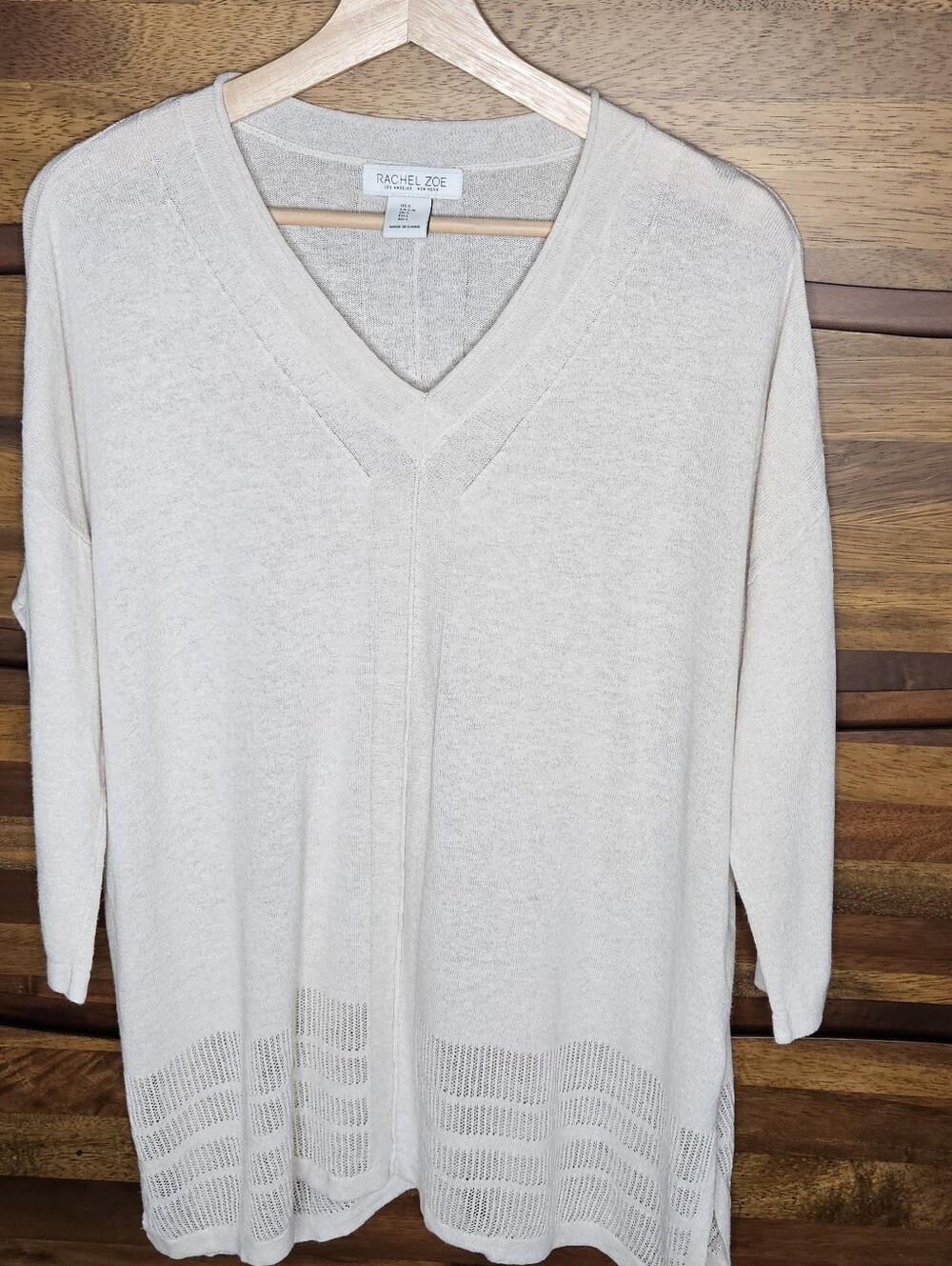 Rachel Zoe Light Cream V-Neck Knit Sweater/ Tunic Linen Blend Size L